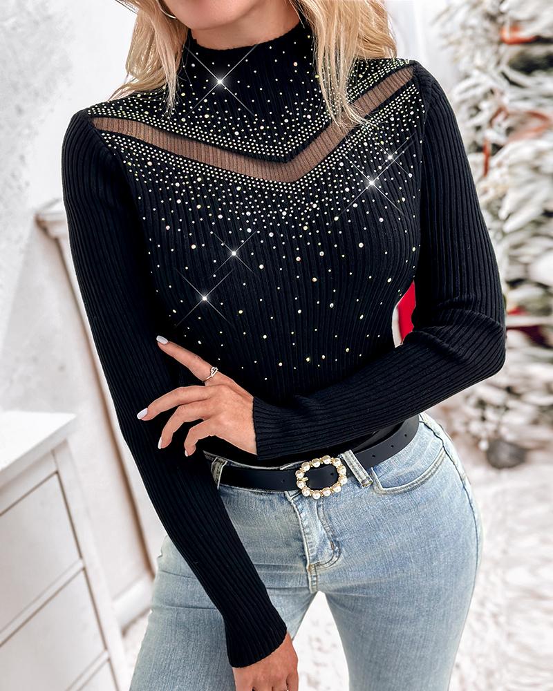 

Rhinestone Decor Contrast Mesh Long Sleeve Knit Top, Black