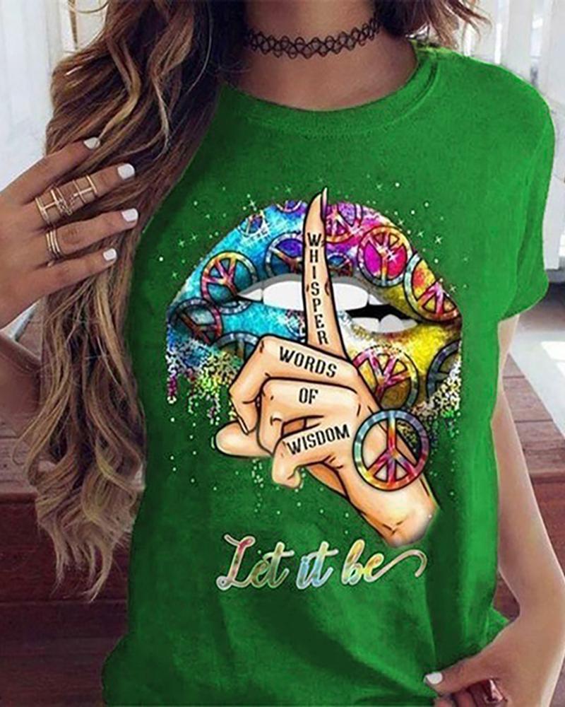 

Lip / Letter / Hand Colorblock Casual T-shirt, Green