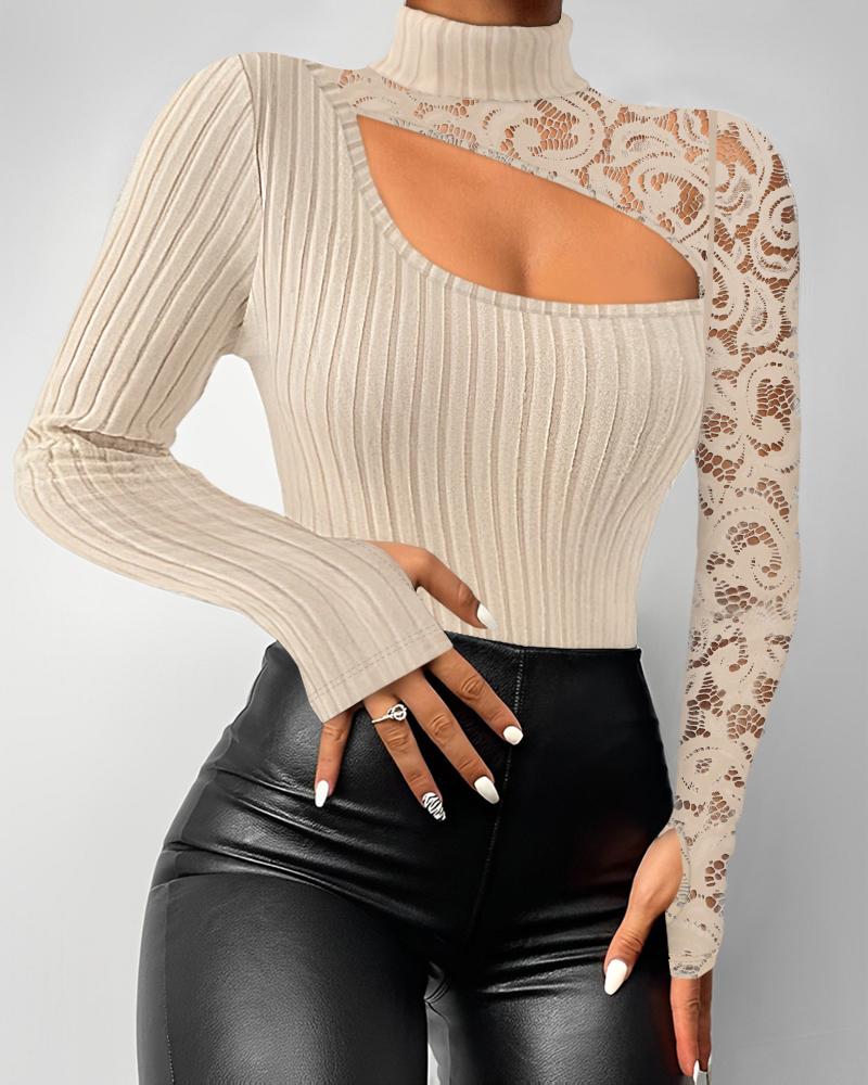 

Cutout Lace Patch Mock Neck Ribbed Top, Apricot