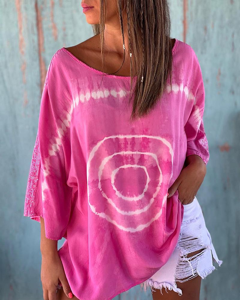 

Tie Dye Print Contrast Sequin Casual Top, Hot pink