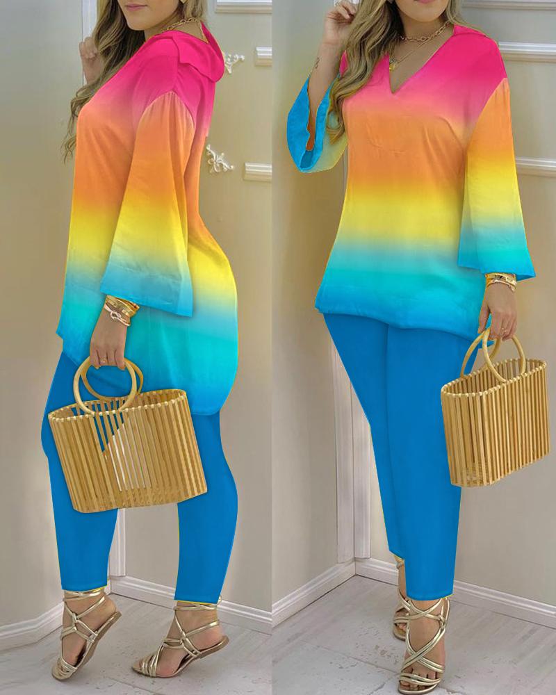 

Ombre Print Bell Sleeve Top & Pants Set, Multicolor