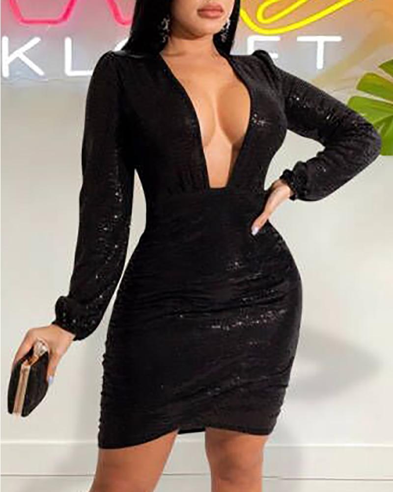 

Plunge Long Sleeve Sequin Dress, Black