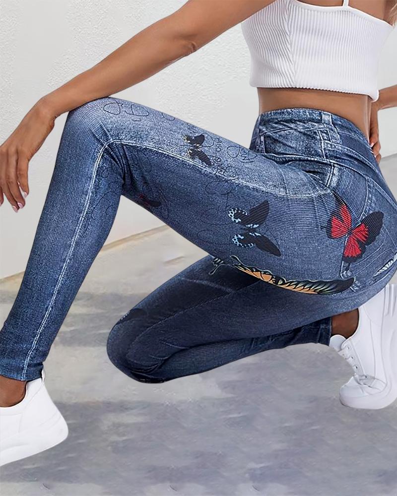 

Women' Faux Denim Butterfly Printed High Waist Leggings, Blue