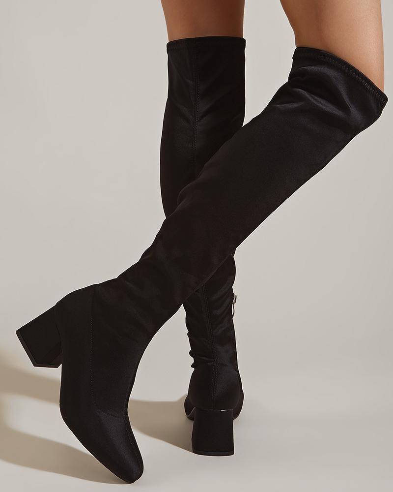 

Side Zip Over The Knee Chunky Heel Boots, Black