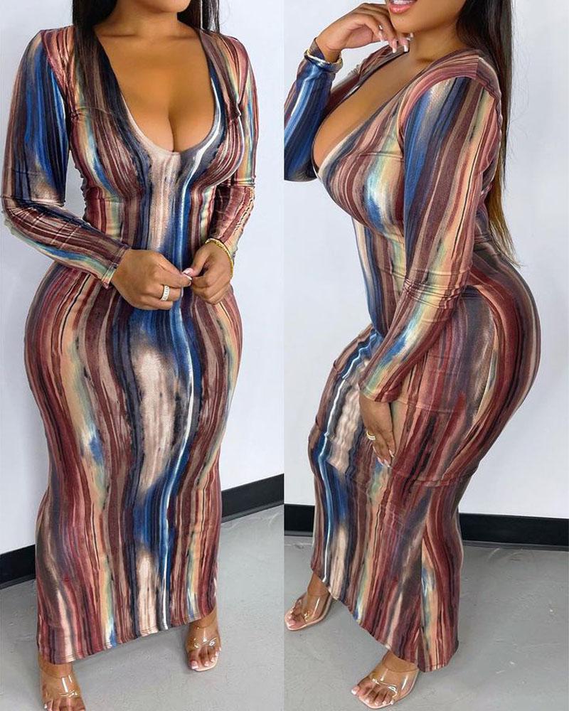 

Abstract Print Long Sleeve Retro Bodycon Dress, Multicolor