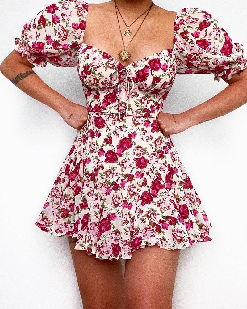 

Floral Print Strappy Puff Sleeve Skinny Mini Dress, Hot pink