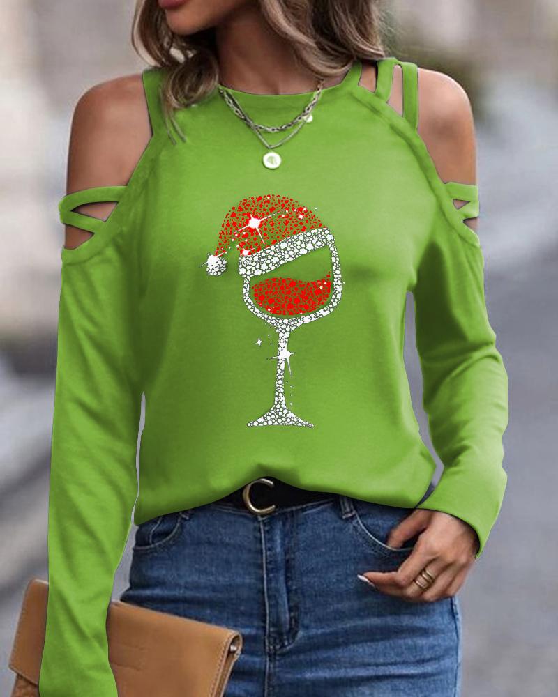 

Christmas Wine Glass Print Cold Shoulder Top, Green