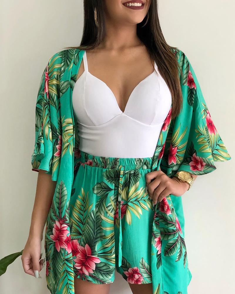 

Tropical Print Half Sleeve Cover Up & Short Sets, Green