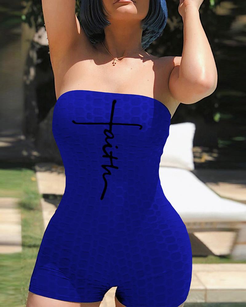 

Letter Print Textured Bandeau Romper, Blue