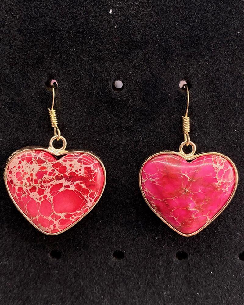 

1Pair Bohemian Natural Stone Heart Shaped Drop Earrings, Red