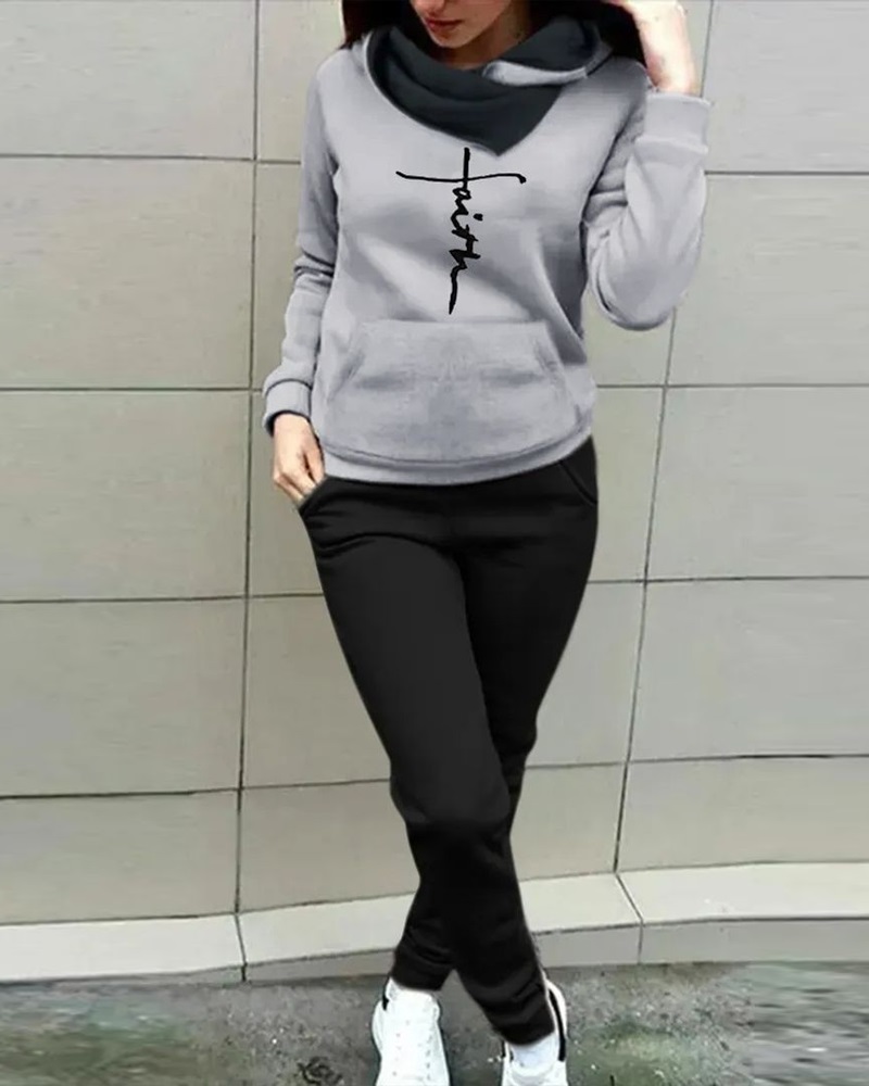 

Letter Print Hoodie & Drawstring Sweatpants Set, Gray