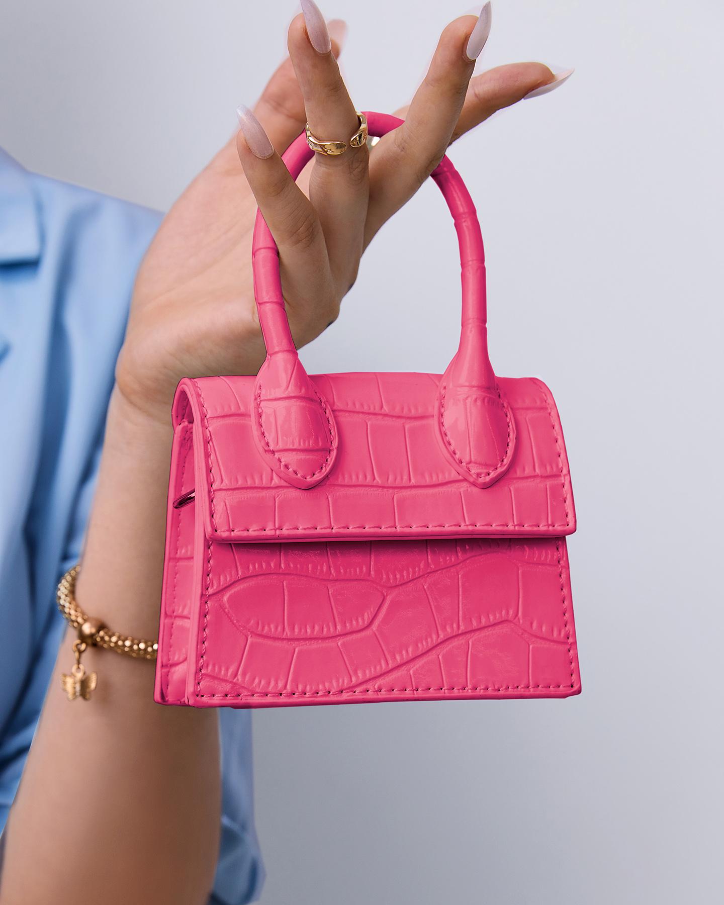 

Croc Embossed Flap Satchel Bag, Pink