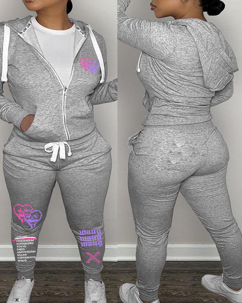 

Plus Size Letter Heart Print Hooded Zip Up Top & Pants Set, Gray