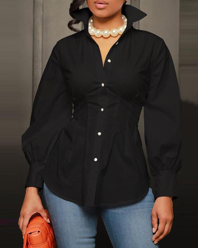 

Long Sleeve Corset Design Button Down Shirt, Black