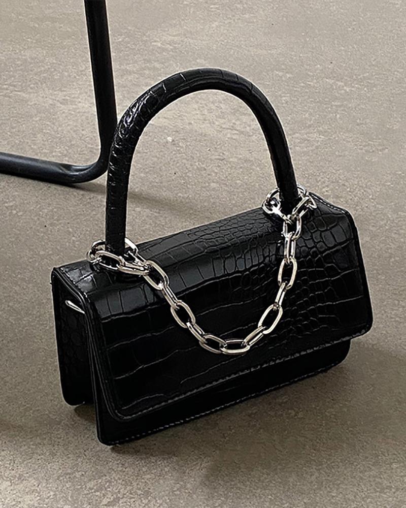 

Croc Embossed Chain Decor Satchel Bag, Black