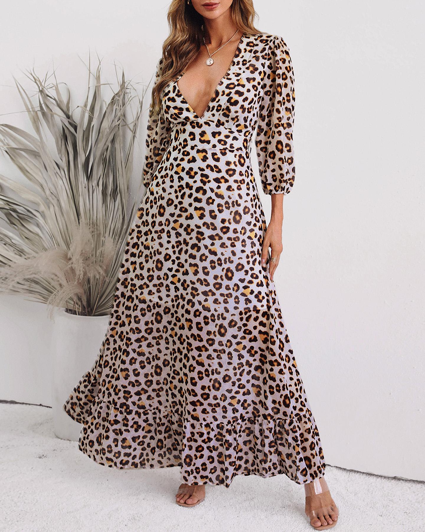 

Leopard Print Short Sleeve Plunge Maxi Dress
