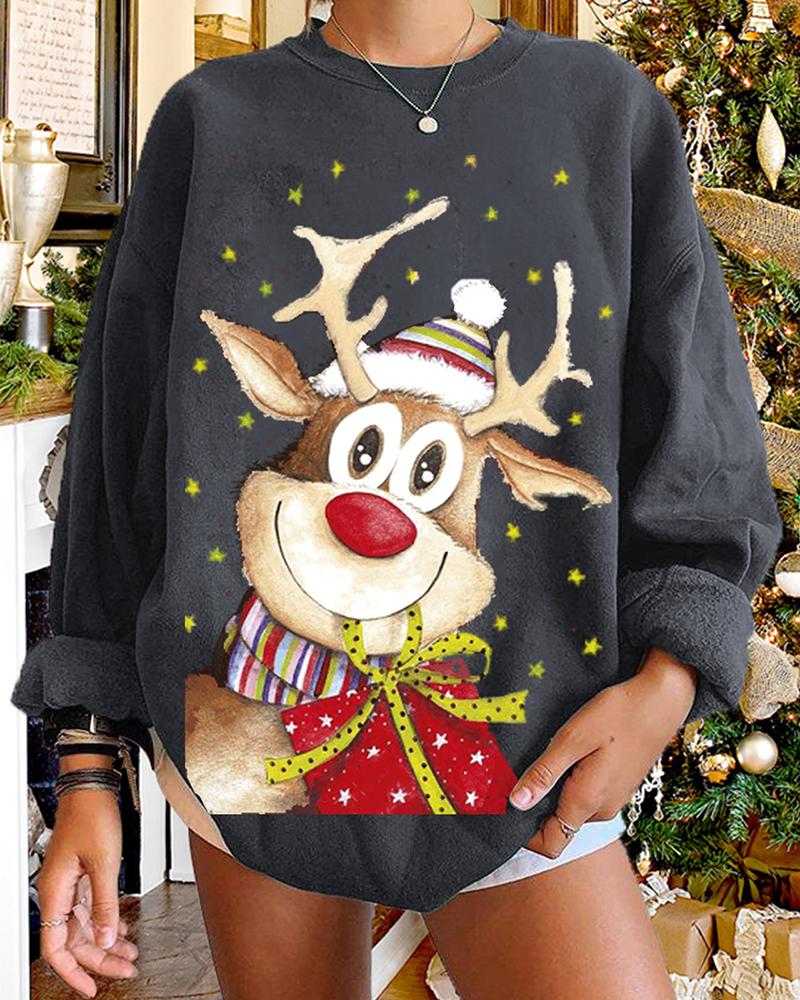 

Christmas Star Elk Print Long Sleeve Sweatshirt, Gray