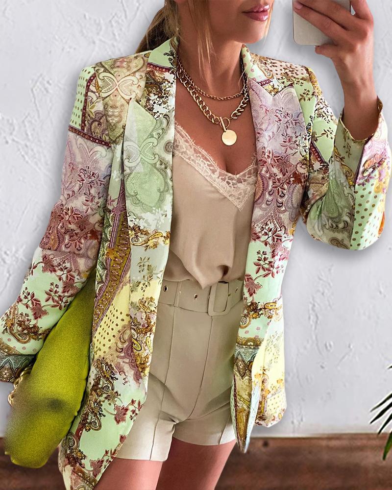 

Scarf Print Long Sleeve Blazer Coat, Light green