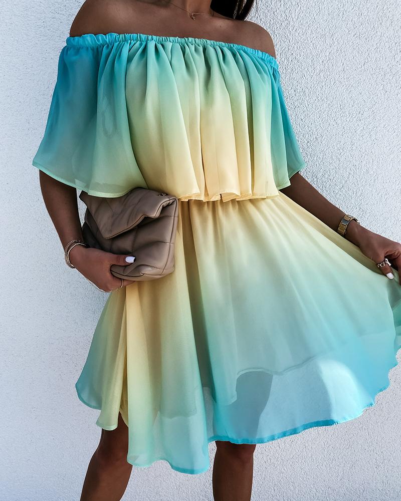 

Gradient Tie Dye Print Ruffle Hem Off Shoulder Short Sleeve Mini Dress, Blue