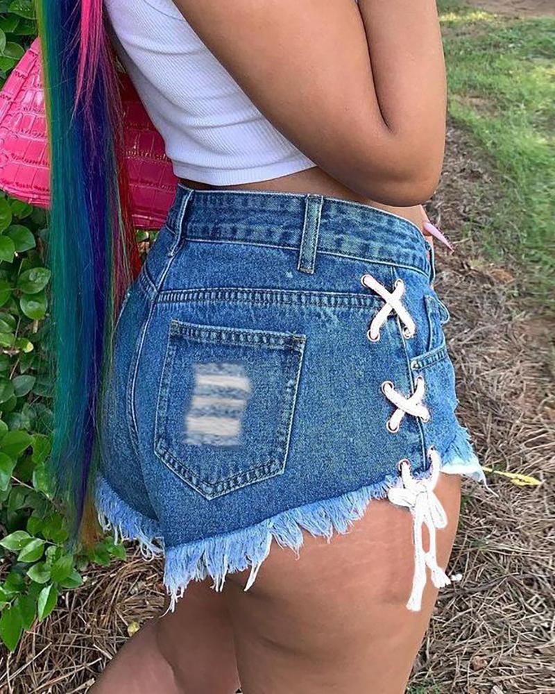 

Eyelet Lace-up Fringe Hem Ripped Denim Shorts, Blue