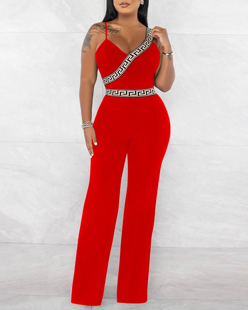 

Geometric Print Asymmetrical Neck Jumpsuit, Red