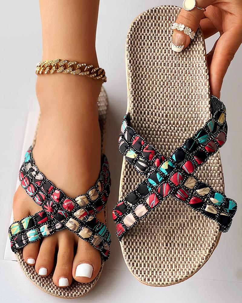 

Geometric Cross Strap Linen Slippers, Multicolor