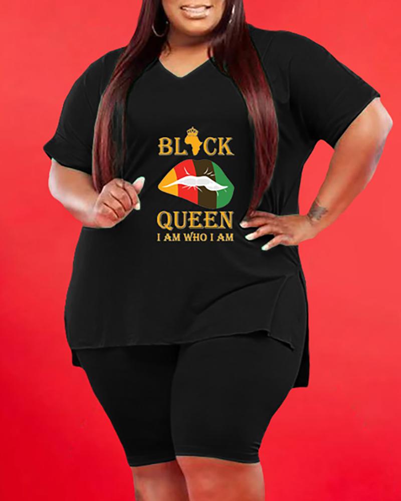 

Plus Size Letter Print V Neck Top & Shorts Set, Black