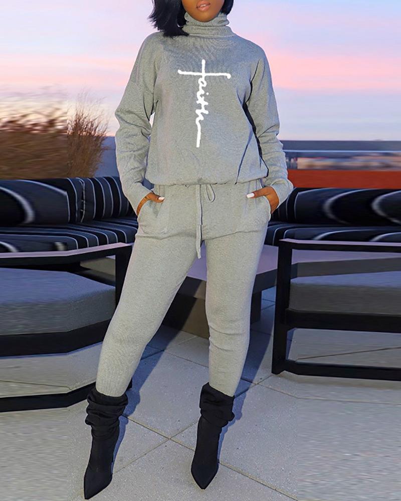 

Letter Print High Neck Top & Drawstring Pocket Design Pants Set, Gray