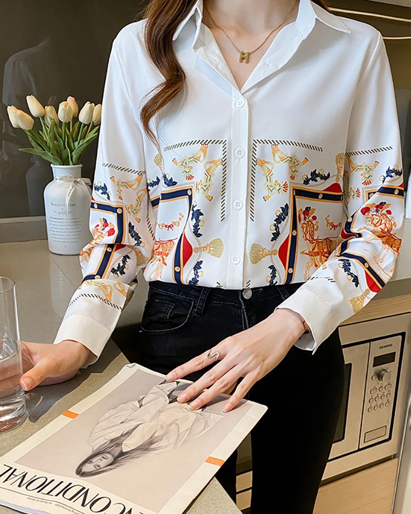 

Scarf Print Buttoned Long Sleeve Shirt, White