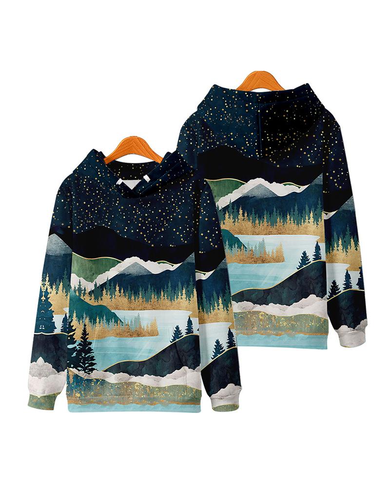 

Scenery Cartoon Print Long Sleeve Loose Hooded Sweatshirts, Style5