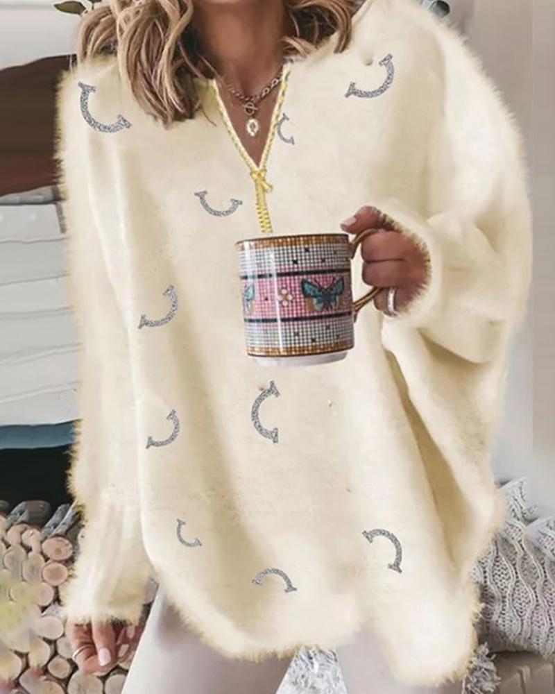 

Knit Smile Print Lantern Sleeve Sweater, Yellow