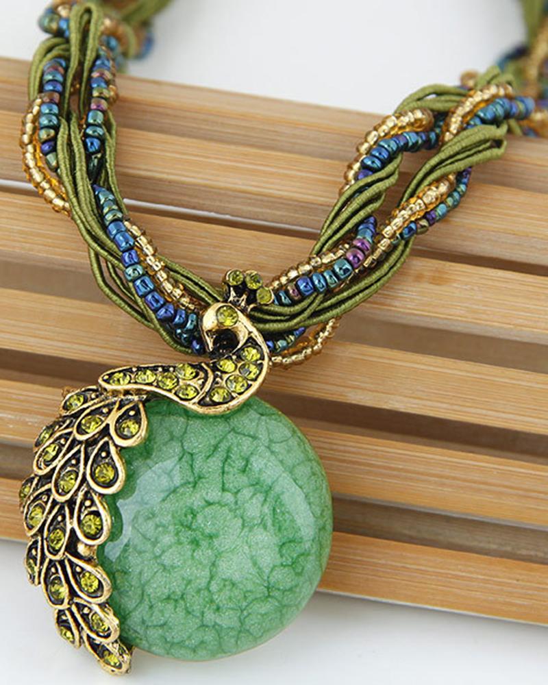 

1pc Peacock Pattern Gem Stone Braided Pendant Necklace, Green