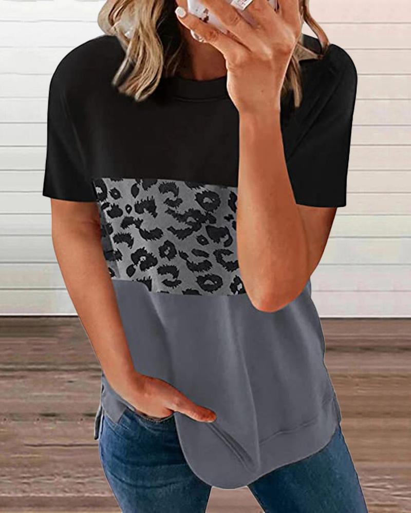 

Colorblock Leopard Print Round Neck T-Shirt, Gray