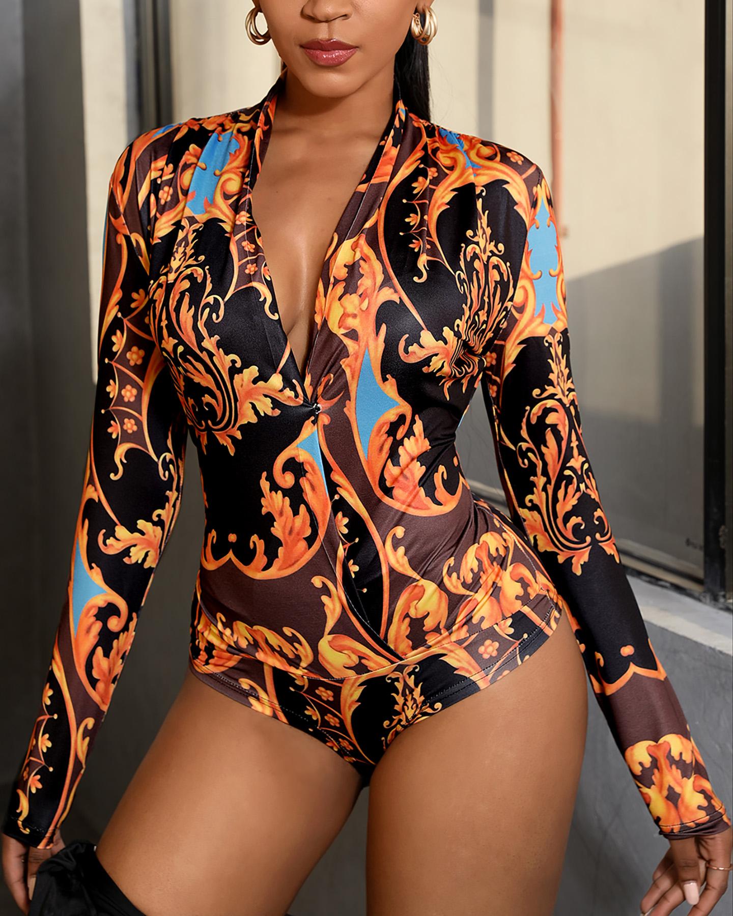 

Retro Print Long Sleeve Plunge Bodysuit, Black