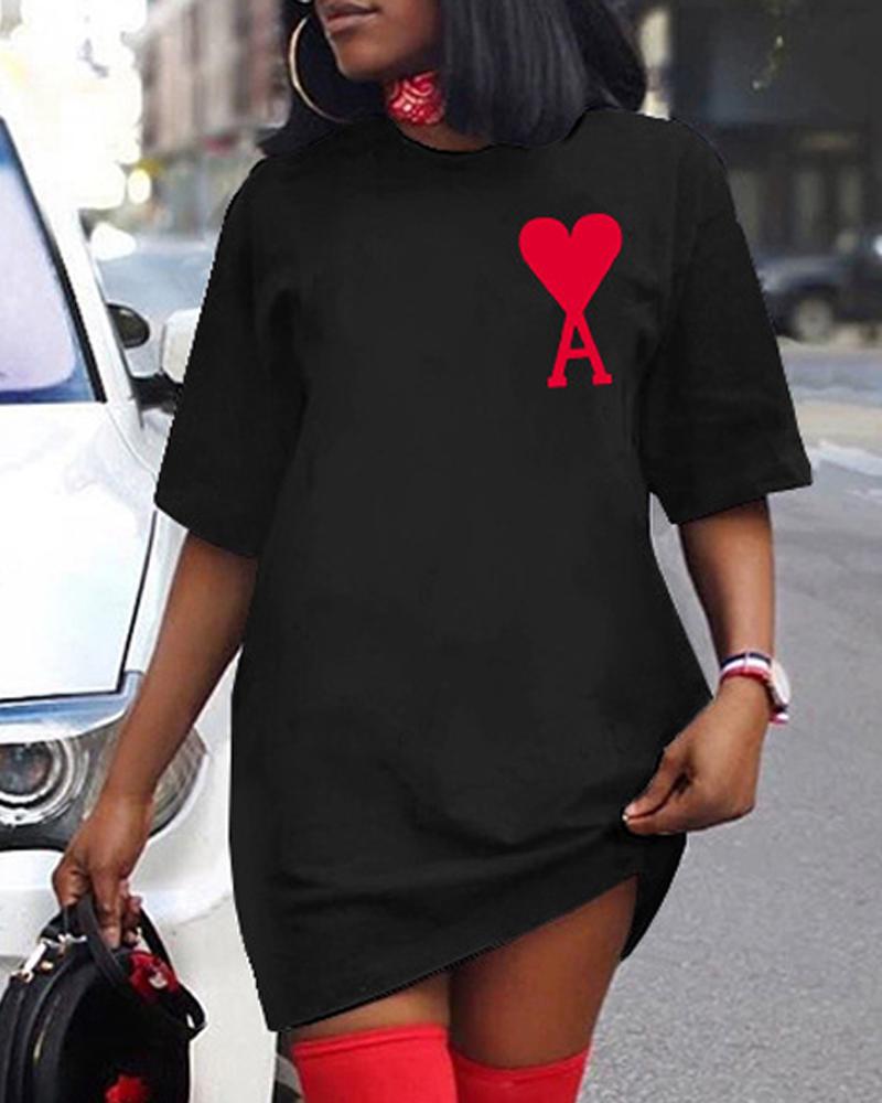 

Letter Heart Print Short Sleeve Casual Dress, Black