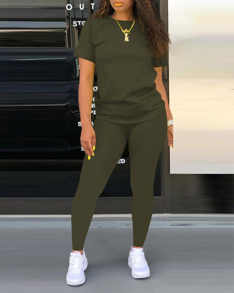 

Plus Size Plain Casual T-shirt & Pants Set, Dark green