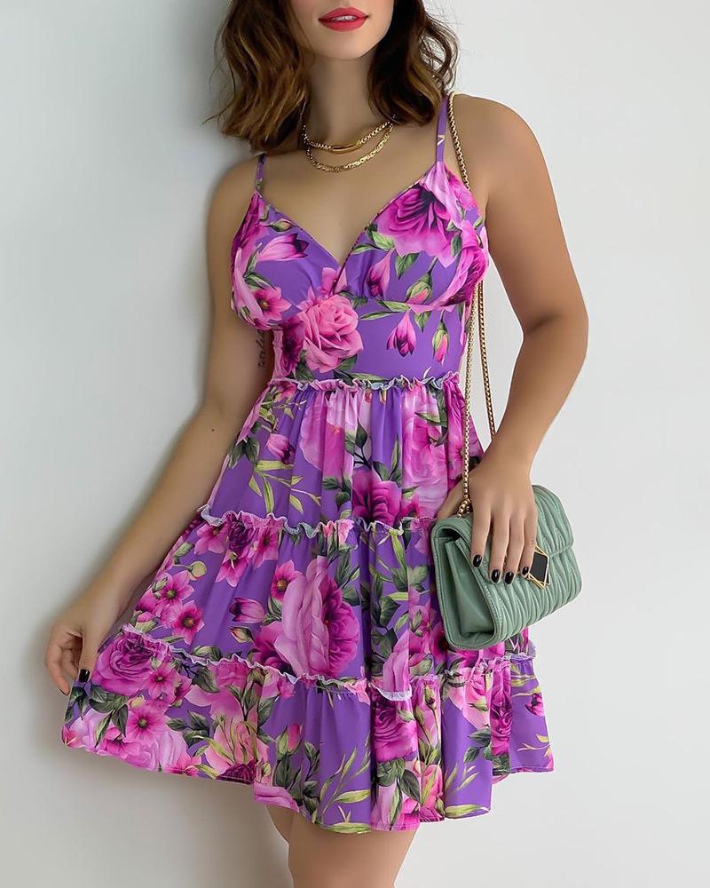 

Floral Print Frill Hem Sleeveless Dress, Purple