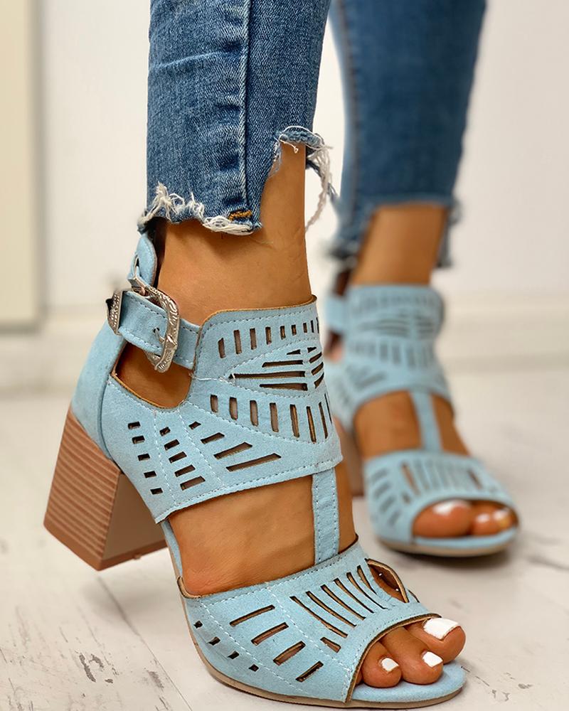 

Solid Hollow Out Chunky Sandals, Blue