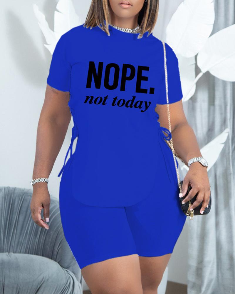 

Letter Print T-shirt & High Waist Shorts Set, Blue