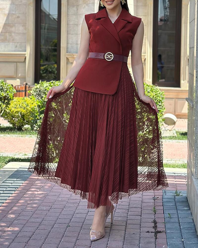 

Sleeveless Notched Collar Sheer Mesh Patch Maxi Dress Casual Loose Fit Work Dress, Wine red