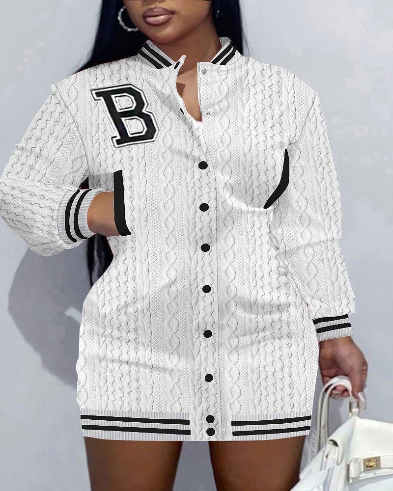 

Plus Size Letter B Pattern Striped Cable Textured Sweatshirt Dress, White