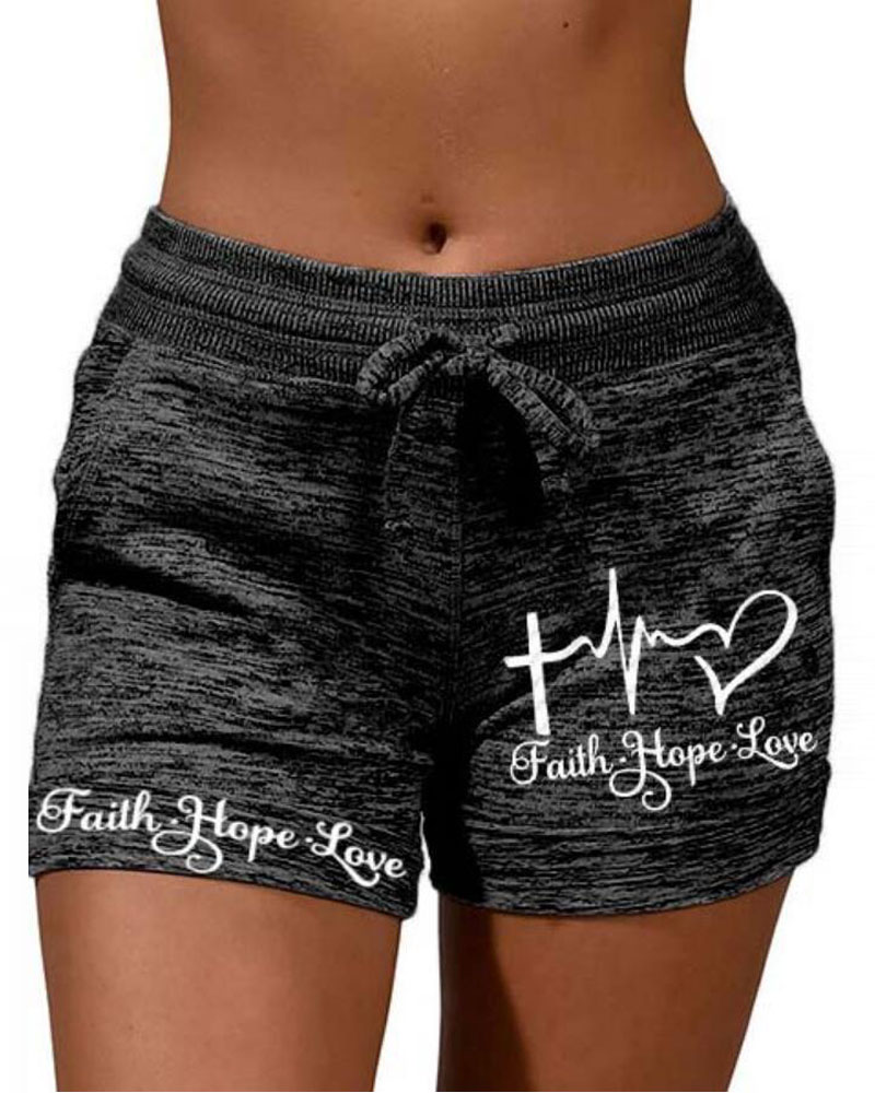 

Letter Heart Print Pocket Drawstring Shorts, Black