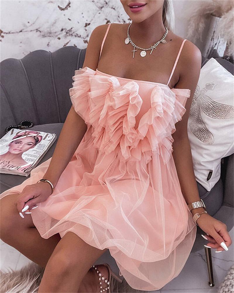 

Spaghetti Strap Sheer Mesh Overlay Party Dress, Pink