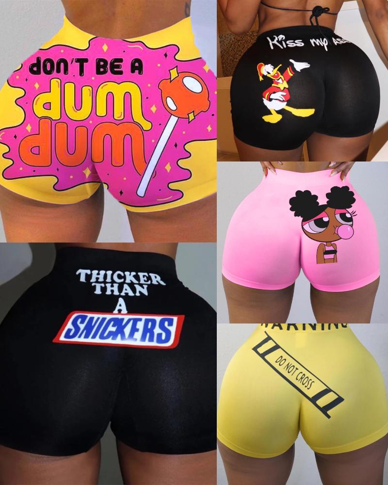 

Letter / Graphic / Cartoon Print High Waist Tummy Control Sporty Shorts, Black