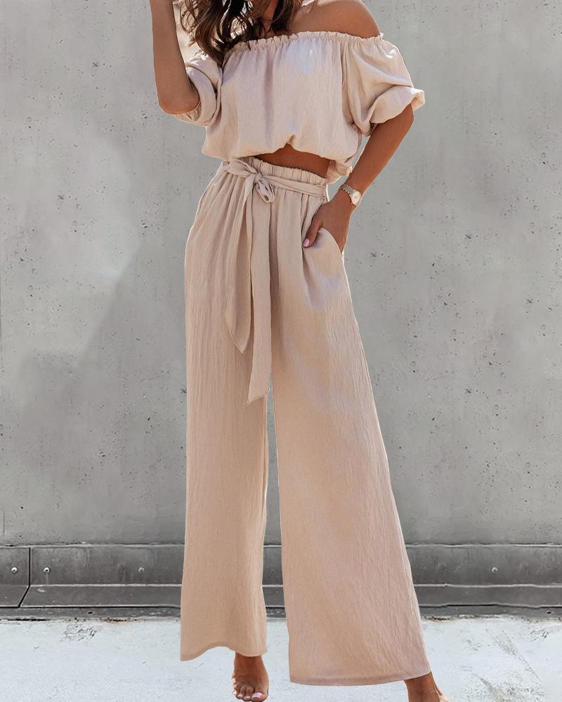 

Off Shoulder Top & Wide Leg Pants Set, Khaki