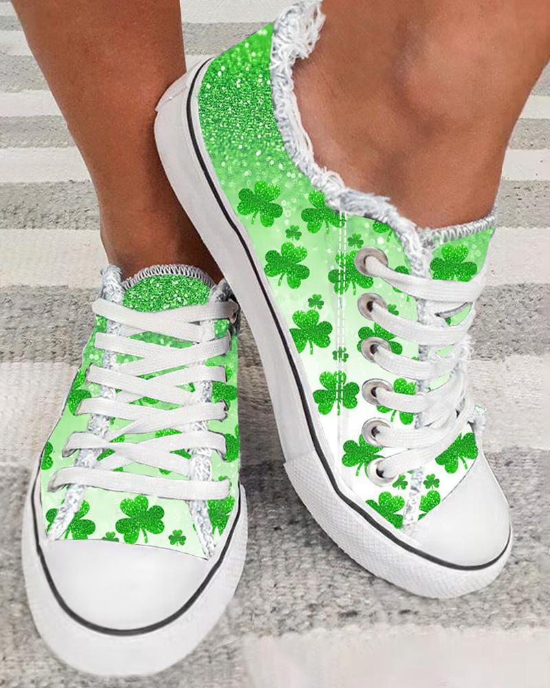 

St. Patrick's Day Ombre Clover Print Eyelet Lace-up Canvas Sneakers, White&green