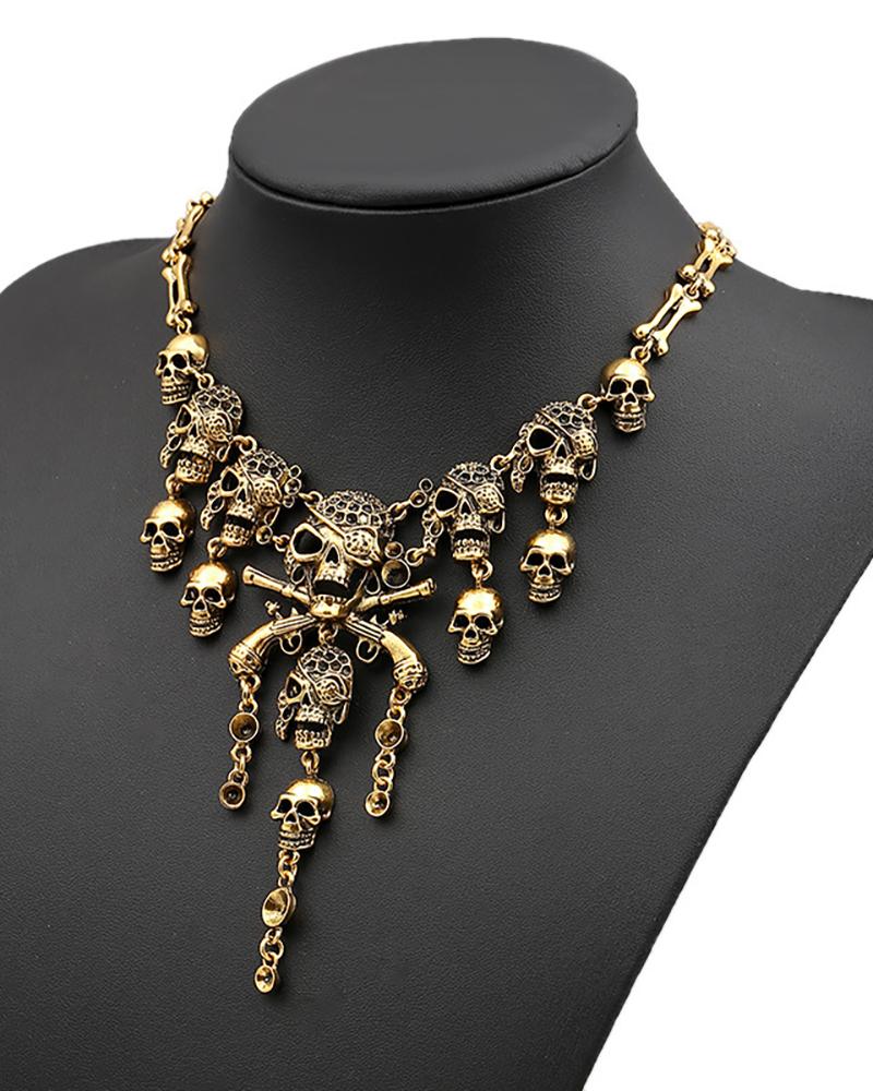 

Halloween Multi-Level Pirate Skull Tassel Charm Necklace, Gold
