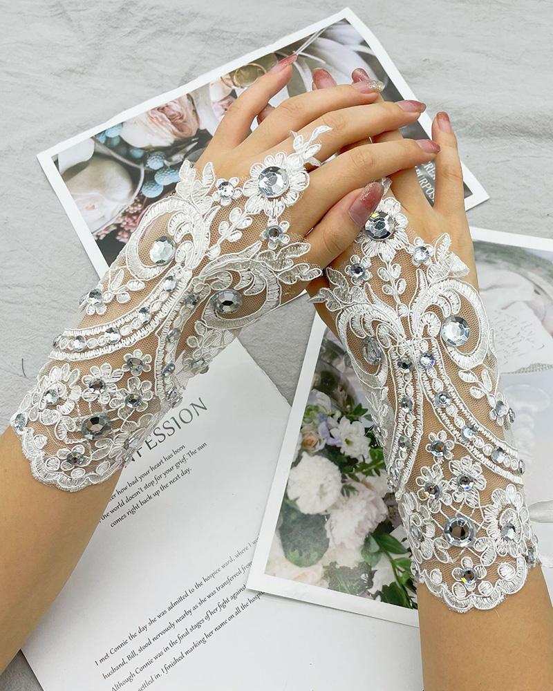 

Rhinestone Decor Crochet Lace Fingerless Gloves, White