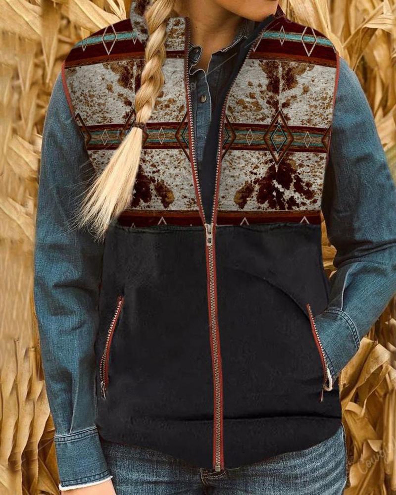 

Aztec Geometric Zipper Design Vest Coat, Multicolor