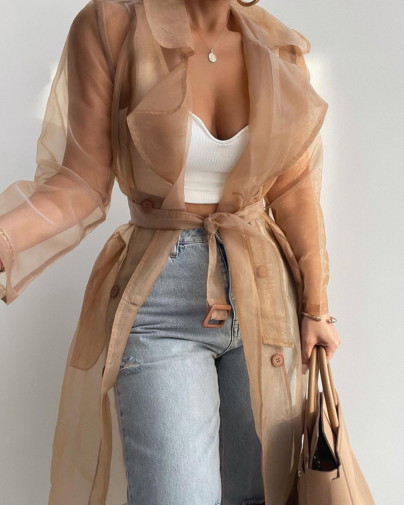 

Sheer Mesh Long Sleeve Buttoned Coat With Belt, Nude